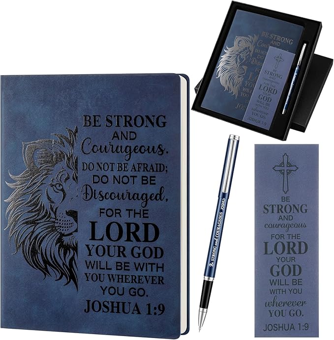 Fuyoooo 4 Pcs Christian Gifts for Men Father's Day Pastor Appreciation Gifts Vintage Leather Hardcover Notebook 1 Timothy 6:11 Religious Bible Verse Pen Joshua 1:9 Bookmark & Box(Lion,Blue)