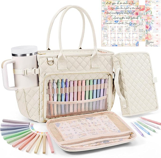 Large Bible Bag with Bible Cover Case for Women, Quilted Church Tote Bag Carrying Case w/Shoulder Strap, Bible Study Supplies Journaling Kit Accessories, Christian Gift for Women Mom Friends Teacher