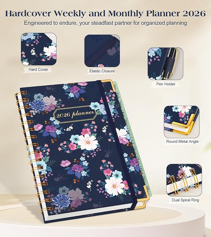 2026 Planner, Hardcover Weekly and Monthly Planner for Women, January 2026 - December 2026, Spiral Yearly Agenda Organizer Book 2026 with Tabs, Daily Calendar Planners for School Work Home, A5 (5.75" x 8.38"), Vintage Flower