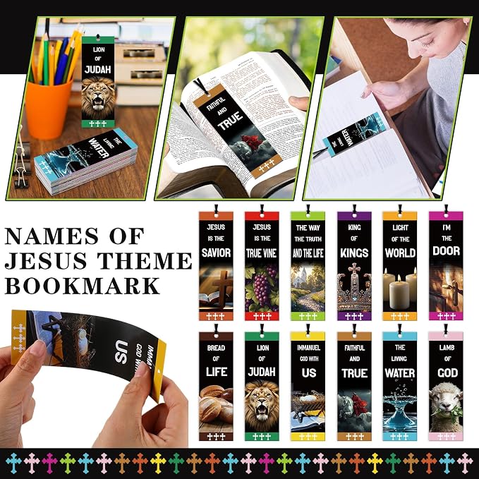 PerKoop 60 Pcs Name of Jesus Christian Bookmarks Bulk VBS Scripture Religious Bookmarks with Ribbons Light of The World Church Bookmark Gift for Women Men Church Sunday School Party Favors