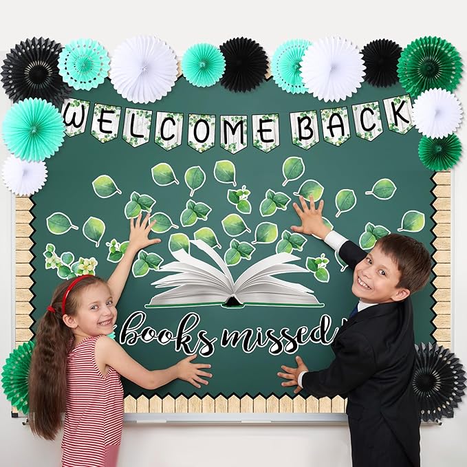 Qilery 83 Pcs Welcome Bulletin Board Set Welcome Back The Books Missed You Classroom Decoration Greenery Plant Bulletin Board Cutout Back to School Classroom Decoration for Home Library School