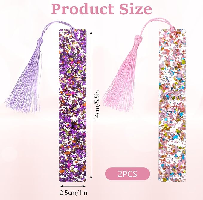 Piriuuo 2 Pcs Bookmarks for Girls, Glitter Resin Bookmarks Transparent Kids Art Bookmark with Colorful Silk Tassels for Women Girls Book Lovers Reading Presents