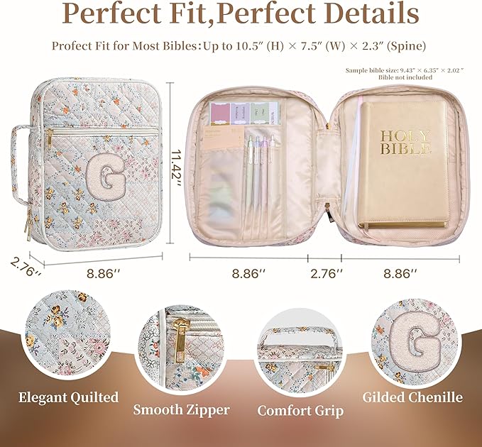 Personalized Initial Bible Cover Case for Women – Large Quilted Bible Bag with Handle, Chenille Letter, Bible Study Kit, Christian Gift for Mom, Grandma & Daughter (Patchwork Floral-G)