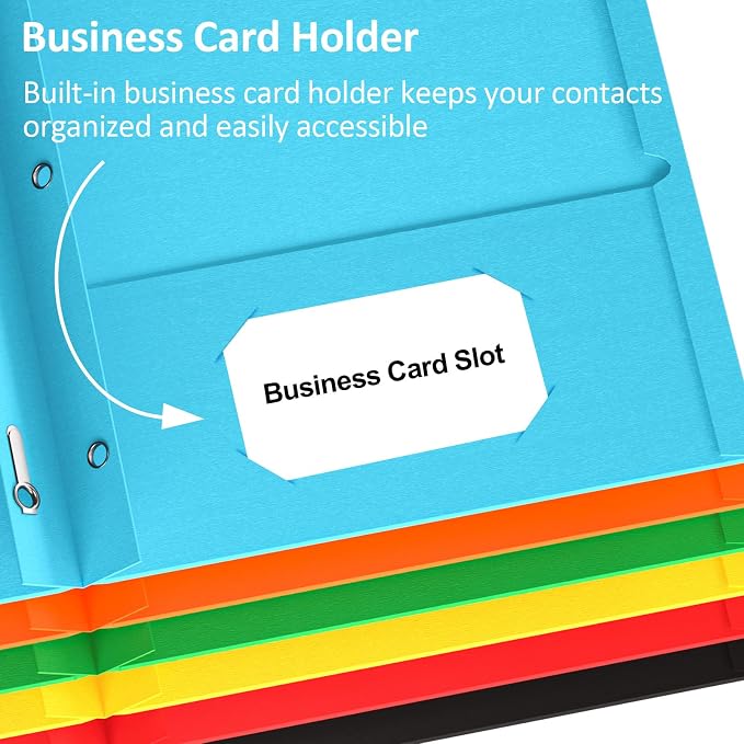 FUCDTEFC Folders with Pockets and Prongs, 6 Pack Colors Pocket Folder with Prongs, Heavy Duty Paper 2 Pocket 3 Prong File Folders with Business Card Slot for Back to School Office Letter Size