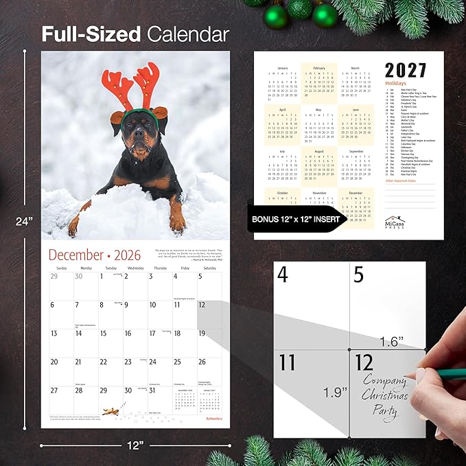 MICASA PRESS Rottweilers 2026 Wall Calendar 12 Month | 12" x 24" Open | Thick & Sturdy Paper |Giftable | Cute Puppy Dog Calendar 2026