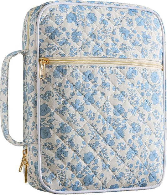 Large Quilted Bible Cover Case for Women Girls,Bible Tote Bag Durable Bible Carrying Case with Handle for Bible Study & Christian Gifts (Blue Flower)