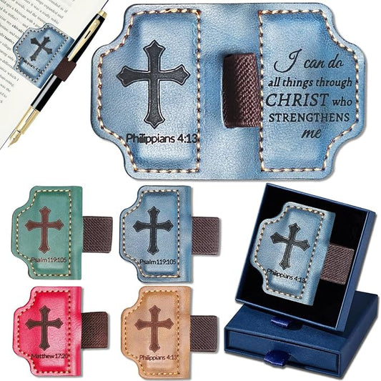Bygone Mark Personalized Magnetic Leather Bookmark with Pen Holder,Inspirational Bible Verse Religious Bookmarks,Christian Book Lovers Reading Accessory for Men Women (Blue, Philippians 4:13)