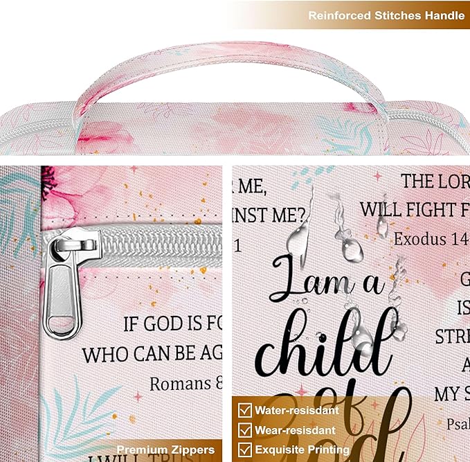 I Am A Child Of God Bible Cover for Women, Floral Scripture Bible Case with Handle and Zipper Pocket, Christian Bible Bag for Girls, Fits Standard Size, Church Gift for Faith and Prayer