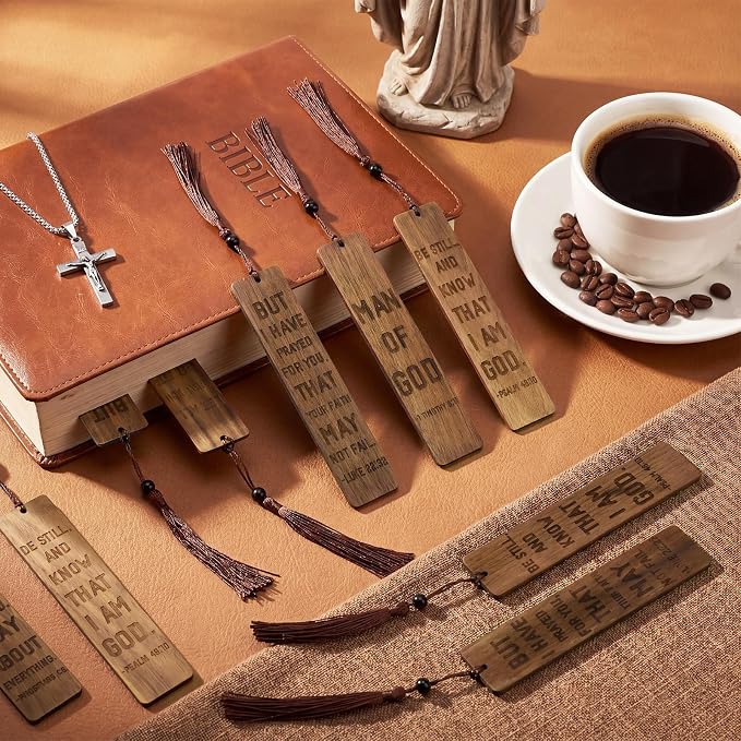 20 Pcs Father's Day Church Gifts 5.5" Walnut Christian Bookmarks for Men Man of God Wooden Bookmarks with Rope and Beads Handmade Carving Bible Book Marks for Father's Day Religious Favors