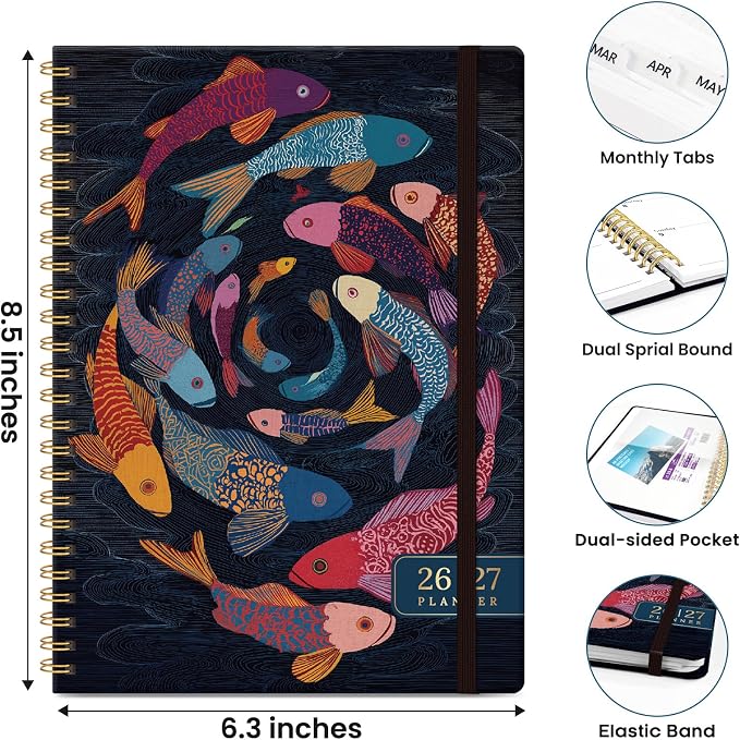 Planner 2026–2027, Academic Planner Weekly and Monthly Calendar Jul 2026 – Jun 2027 Hardcover Planner with Tabs and Pocket, Spiral Bound Agenda Book for Student & Teacher, 6.3" x 8.5", Koi Swirl