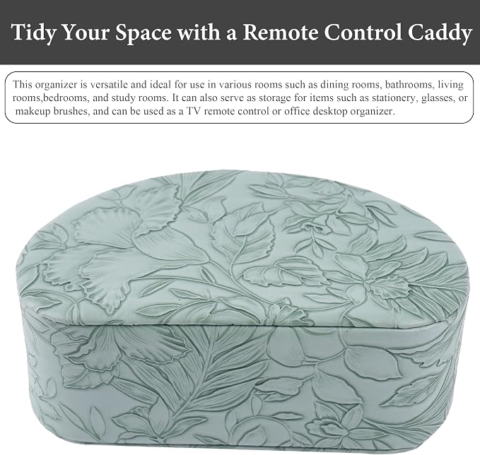 Remote Control Holder, PU Leather Remote Caddy Desktop Organizer with 5 Spacious Compartments for TV Remotes/Media Controllers/Office Supplies (1-Carved Green