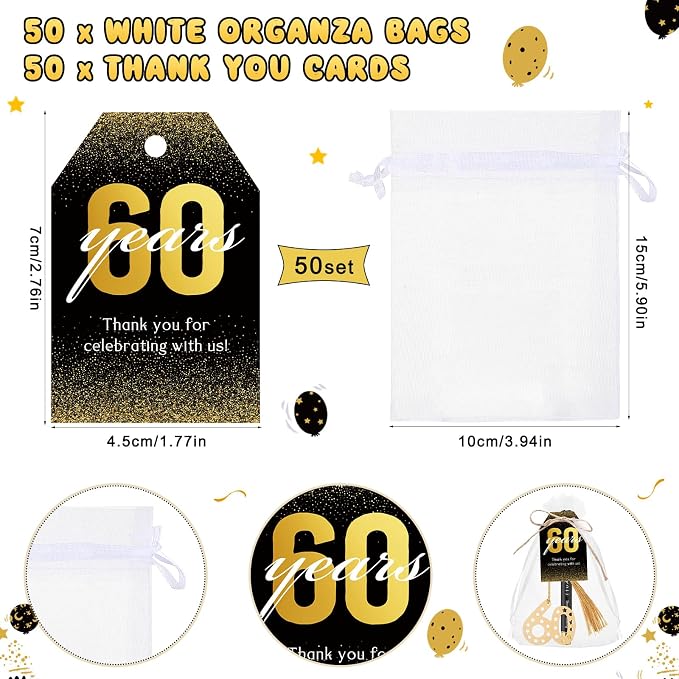 Spakon 50 Set 60h Birthday Party Favor for Guest Anniversary Party Favor Golden Birthday Bookmark Thanks Coming Pen with Tag Appreciation Gifts for Women Men Wedding Anniversary