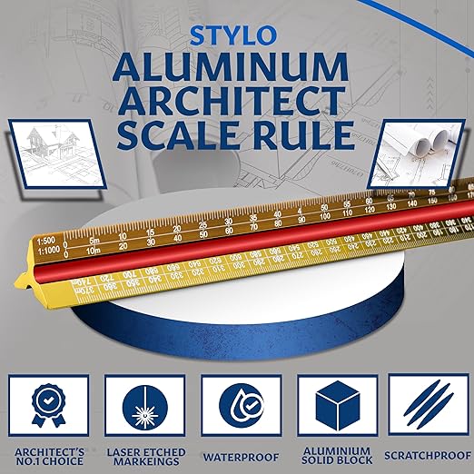 Stylo 12" Aluminum Architect Scale Ruler Laser Etched Triangle Drafting Ruler, Color Coded Grooves for Blueprint, Drafting and Drawing, Architectural Scale Ruler for Blueprints (Yellow, Metric Units)