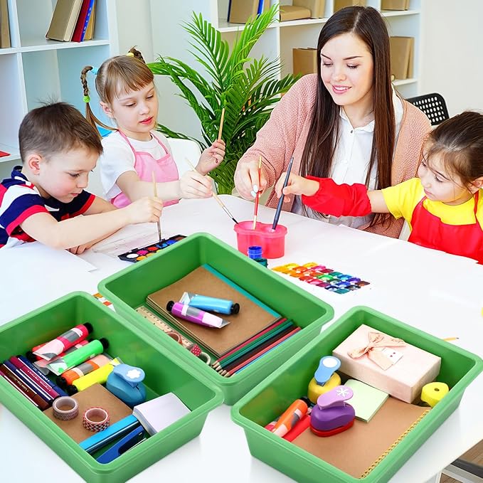 Hoteam 10 Pcs Flat Storage Organizer Tray Bin Paper Tray for Classroom Plastic Stackable File Organizer for School Office Teacher Book Organization(Green,13.78 x 9.84 x 3.15 Inch)