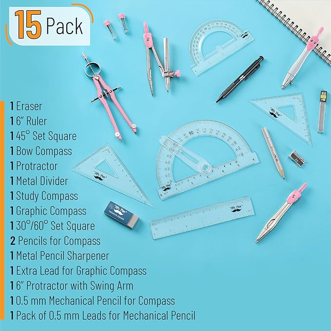 Mr. Pen- Geometry Set, 15 pcs, Pink, 6 Inch Swing Arm Protractor, Divider, Set Squares, Ruler, Compasses and Protractor