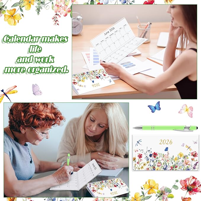 Gueevin 2026 Pocket Calendar for Purse with Pen Small Pocket Planner Handy Weekly Monthly Planner Journal Writing Notebook Valentine New Year Gift Sister Friend Women(Wildflower,Light Green)