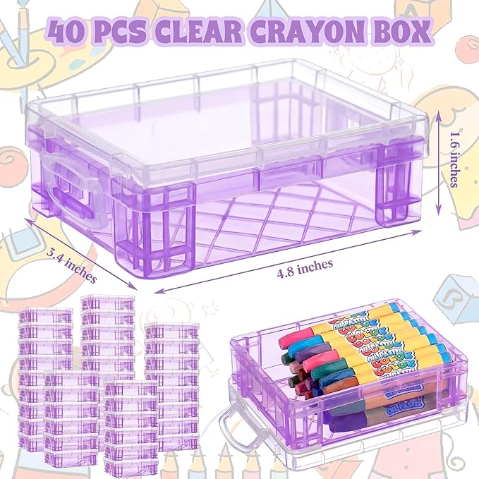 Suzile 40 Pcs Plastic Crayon Boxes Holds 24 Crayon with Snap Lid Storage Container Clear Stackable Case for School Office Classroom Supplies Pen Pencil Craft(Purple)