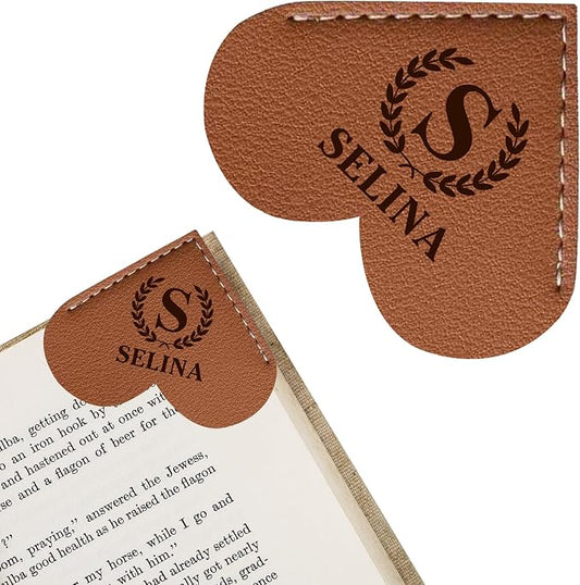 EDSG Personalized Leather Heart Bookmark, Corner Bookmark Book Marks Clip with Birth Flower & Name, Bookmarks for Women Men, Reading, Teachers, Birthday, Graduation Christmas(Brown-Heart)