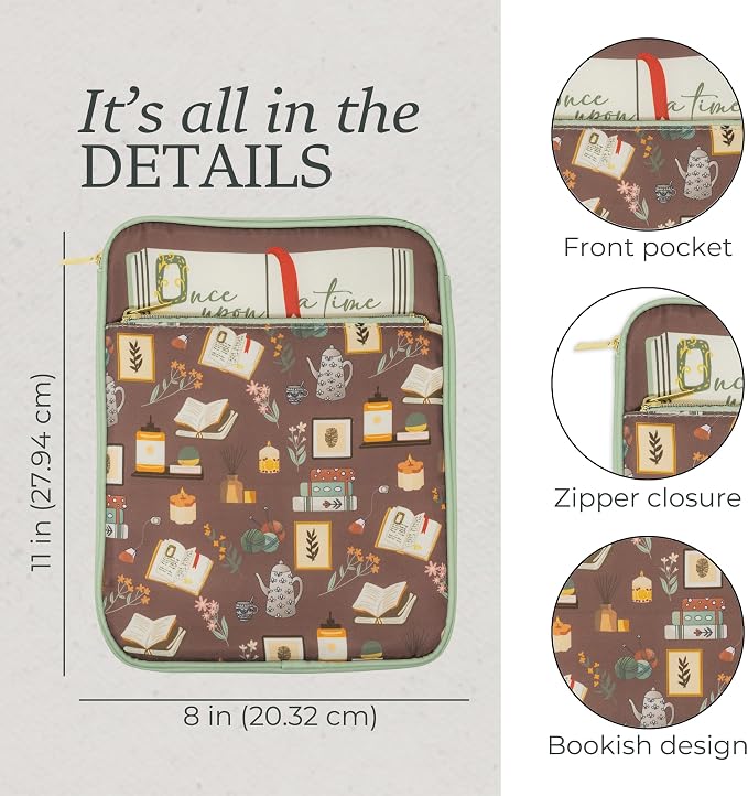 Steel Mill & Co Book Sleeve, Padded Zipper Book Protector for Hardcover & Paperback, 11" x 8" Book Pouch with Front Pocket for Pens, Bookmarks & Supplies (Book Nook- Once Upon A Time)