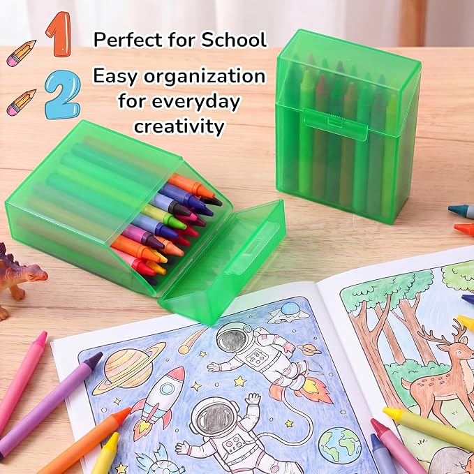 Clabby 4 Pcs Plastic Crayon Organizer Case for 24 Count Crayons Kids Art Supply Storage Box with Lid, Portable Holder for Classroom Home Travel, Fits Standard 24-Pack Crayon (Green)