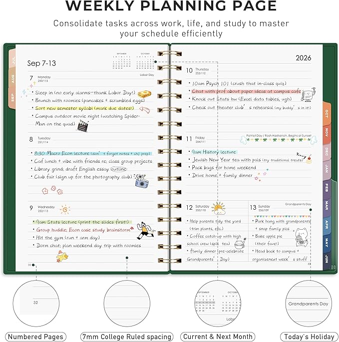 RETTACY Academic Planner 2026-2027, Weekly and Monthly, July 2026 - June 2027, Medium Size (5.7" x 8.3"), Calendar, Agenda, 12-Month Tabs, for Student, Teacher, School (Dark Green)
