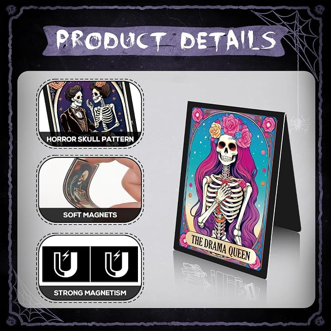 Tarot Skeleton Magnetic Bookmark Gifts - Wxiben 8 Pcs Gothic Skeleton Bookmarks Magnetic for Women Funny Skull Flower Magnets Book Markers Page Clip Gifts for Women Students Teacher Reader Office