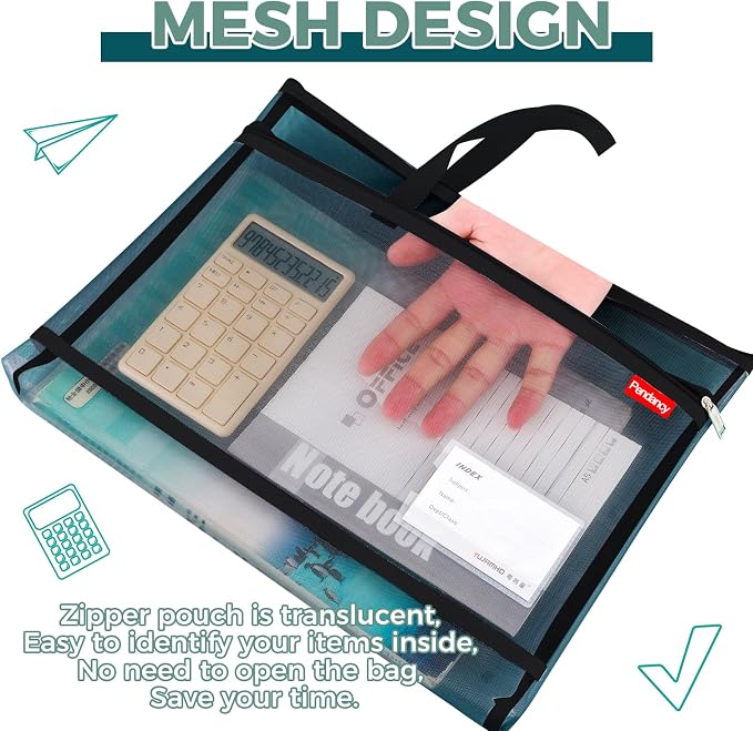 Pendancy Mesh Zipper Pouch A4 Size, Large Double Pocket Lightweight Nylon Transparent File Bag with Handle, 11x13.8 in Foldable Document Storage for Puzzle Project/Cross Stitch/Travel/Office (Black)