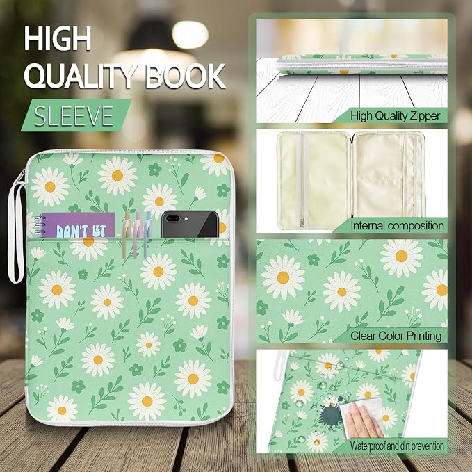 Book Sleeve Pouch Chrysanthemum Book Covers for Paperback with Zipper and Front Pocket, PU Leather Waterproof Book Sleeve for Book Lovers Librarian Teacher Gifts