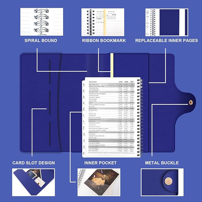 2026 Weekly & Monthly & Daily Planner from Jan 2026 - Dec 2026, Pu Leather Cover Planner, Academic Agenda Planning Organizer with 100GSM Thick Paper, A5 Size, Dark Blue