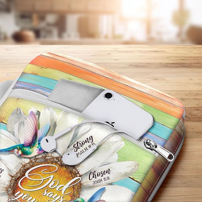 God Says You Are Bible Cover for Women with Handle and Zipper Pocket, Inspirational Canvas Bible Case with Hummingbird and Daisy Design, Fits Standard Size Bible, Christian Gift for Girls