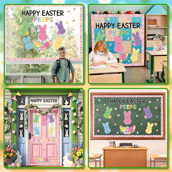 Easter Bulletin Board Decor Colorful Bunny Cutouts Bulletin Board Border for Classroom School Blackboard Door Wall Decor Kids DIY Craft Spring Classroom Decorations