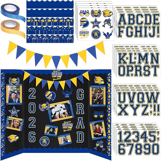 31 Pcs Graduation Photo Poster Board Decor Set Include 28 Sheets Graduation Themed Stickers 2 Rolls Picture Frame Tape 1 PC Banner for 2026 Grad Party College Board Photo Frame Decor(Blue)