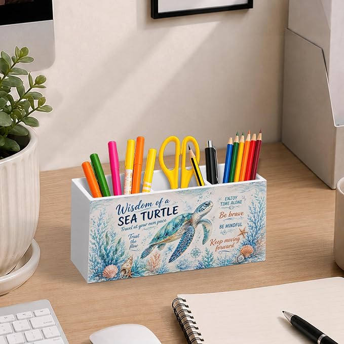 Inspirational Coastal Sea Turtle Pen Pencil Holder for Desk, Sea Turtle Gifts, Beach Ocean Marine Life Motivational Wooden Pencil Holder Organizer Desk Accessories Decor for Home Office