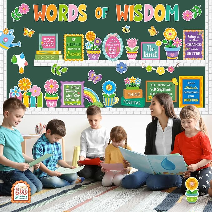 Mooliwe 57 Pcs Spring Floral Bulletin Board Set Inspirational Flower Bulletin Board Decoration Positive Cutout Classroom Decoration for School Office Home Teacher Classroom Wall Supplies