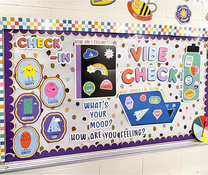 Carson Dellosa Education We Stick Together 51-Piece Vibe Check Bulletin Board Set, Colorful Laptop, Water Bottle, Notebook & Sticker Accents for Bulletin Board, White Board & Colorful Classroom Décor
