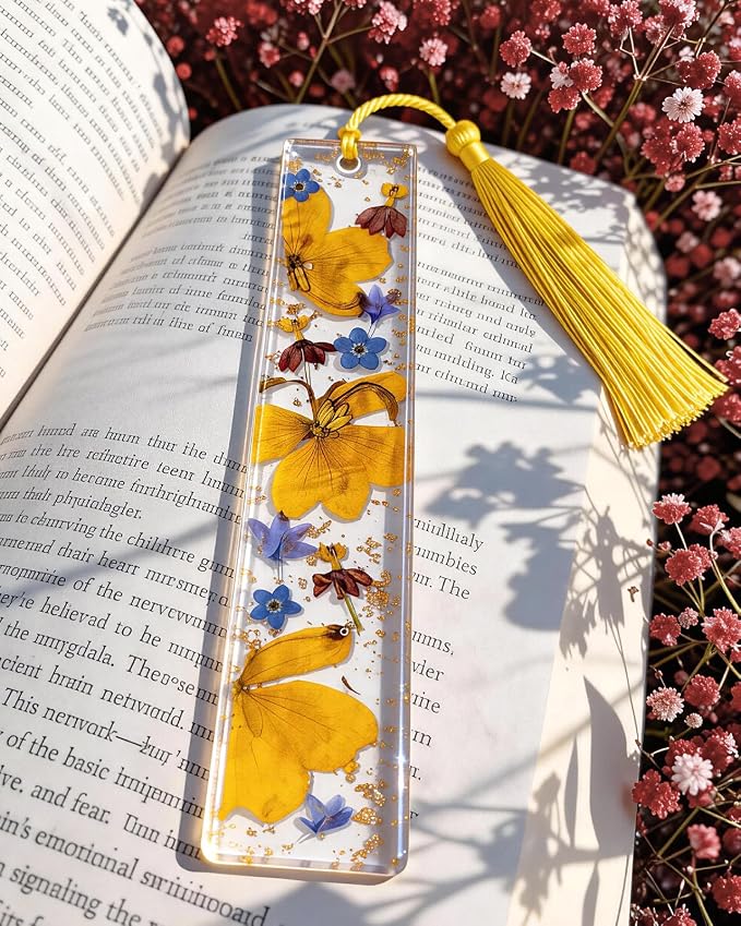 Buleens 2PCS Bookmarks for Women - Purple Yellow Book Marks for Readers Book Lovers, Personalized Handmade Dried Flower Resin Pressed Flowers Bookmark with Tassels, Pretty and Aesthetic