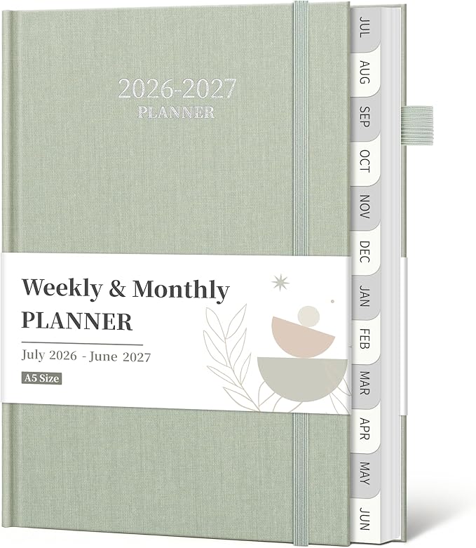 2026-2027 Planner, Weekly and Monthly Calendar Planner from July 2026 - June 2027, 6"×8.5" Linen Hardcover Agenda Book with Tabs, Pen Holder, Inner Pocket for Office School, Sage Green