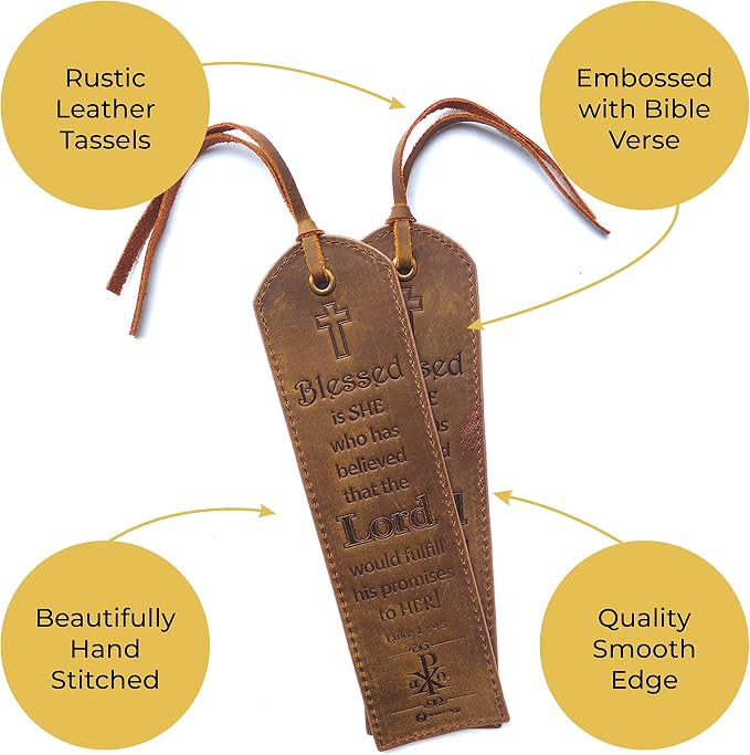 Leather Bible Bookmarks - 2 Leather Christian Bookmarks with Inspirational Bible Verse | Luke 1: 45 Blessed is She | Perfect Religious Book Marker Gifts for Men, Women, Readers and Friends