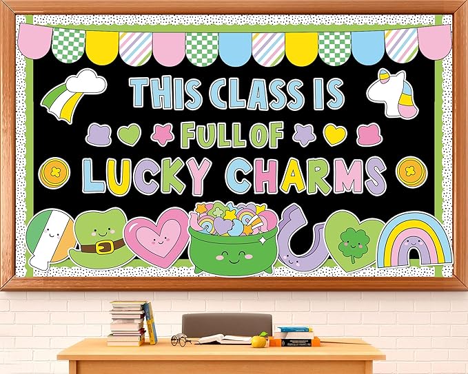 St. Patrick's Day Bulletin Board Decoration Lucky Shamrock Clover Rainbow Gold Coin Irish Clover Cutouts March Classroom Bulletin Board Set for School Chalkboard Wall Door Decoration Favor