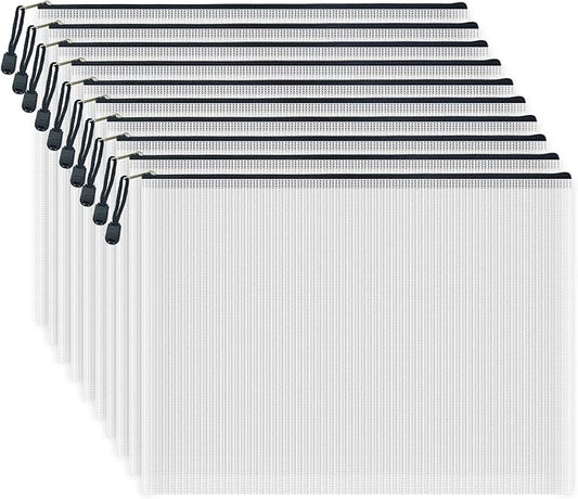 10 Pcs Zipper File Bags, Waterproof Plastic Mesh Pouch for Office School, Board Game Storage Bags (B4 Size 15''x11'', White and Black)