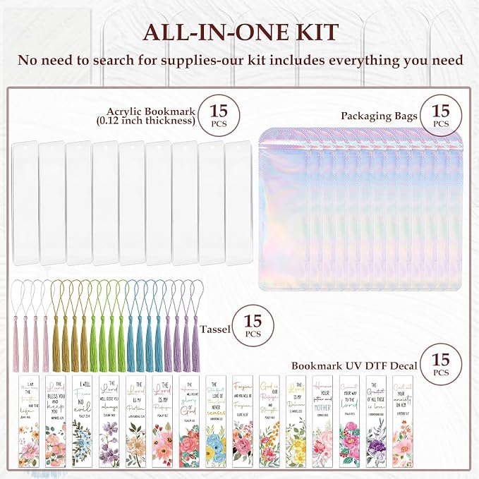 Dazoratix Christian Acrylic Bookmark Blanks - 60 Pcs Bible Verse Bookmarks Making Kit Religious Inspirational Clear Flower UV DTF Transfer Stickers with Ribbons DIY Craft for Reading Women Book Lovers