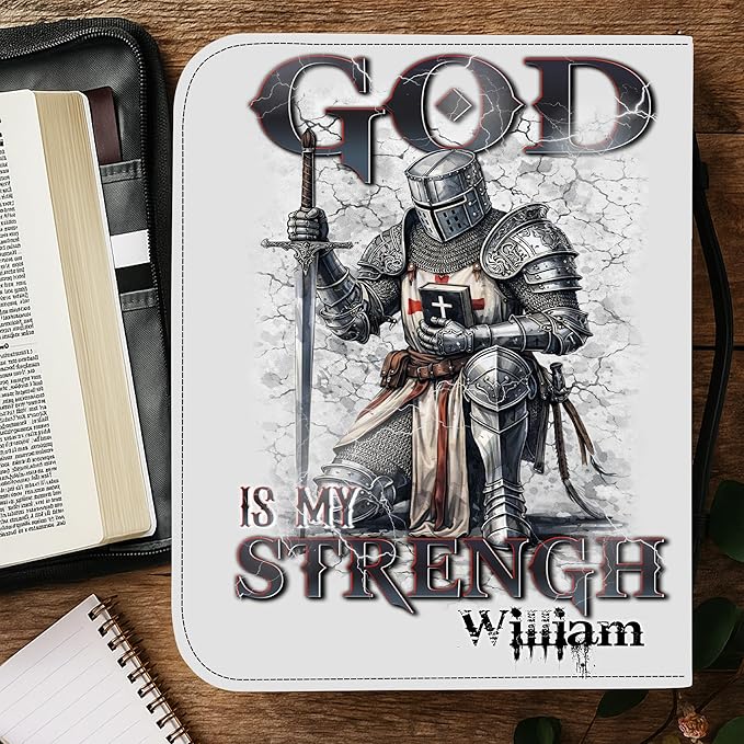 Custom Leather Bible Cover with Name – Personalized Bible Case for Women Zippered with Handle, Bookmark & Storage Pockets, Christian Gift for Mom, Daughter, Grandma (Man - God is My Strength, M-2XL)
