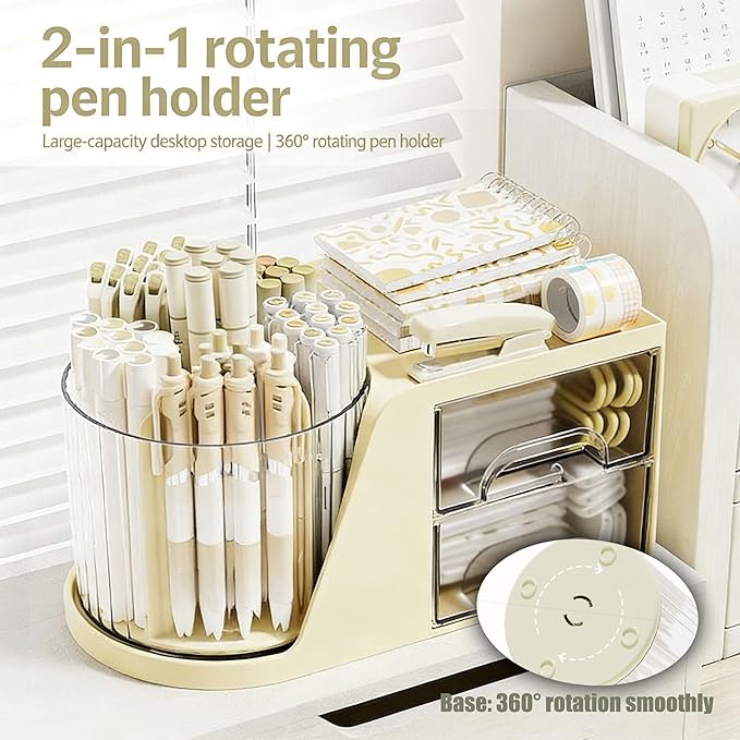 Desk Organizer with 2 Drawer,360 Degree Rotating Pen Holder for Desk,6 Slots Makeup Brush Holder for Office,School,Home,Art Supplies (White)