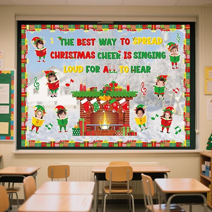 Funrous 60 Pcs Christmas Elf Bulletin Board Set DIY Photo Elf Fireplace Paper Cutouts with Photo Space for Xmas Winter Holiday Party School Classroom Wall Decorations