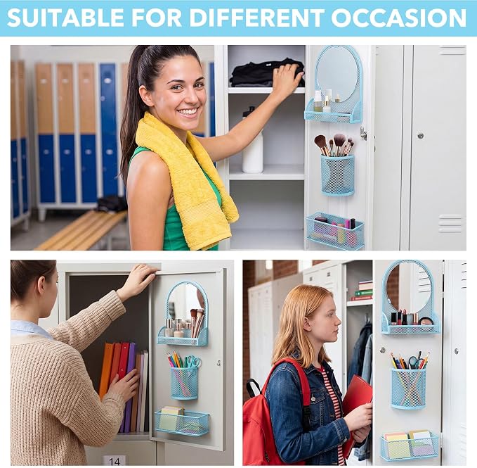 Weysat Set of 5 Magnetic Locker Accessories Mirror with 2 Magnetic Pen Holder and 2 Wire Mesh Storage Basket for Students Back to School Locker Organizer for Office End of School Years Gifts(Blue)
