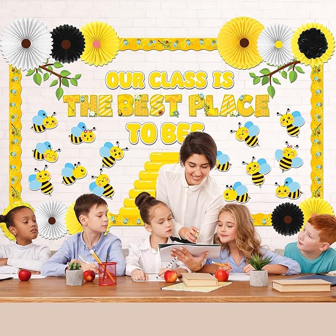 Bee Classroom Bulletin Board Decorations 3D Summer Bee Hive Cutouts with Paper Fans Pom Poms Our Class is to Be The Best Place Cutouts for Classroom Back to School Door Chalkboard Wall Decor Supplies