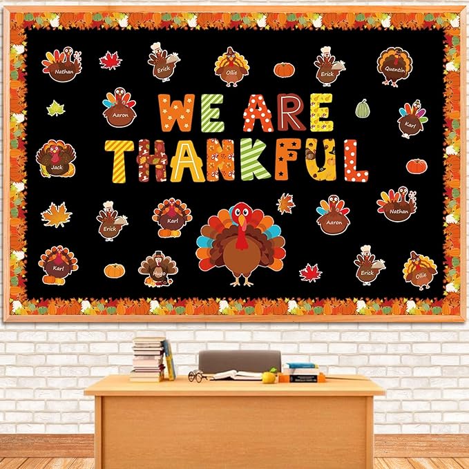 YUUIKLLE 97pcs Thanksgiving Turkey Bulletin Board Decoration Set Fall Turkey Pumpkin Maple Leaf Autumn Harvest Bulletin Board Cutouts,for Home Office School Chalkboard Wall Door Decor