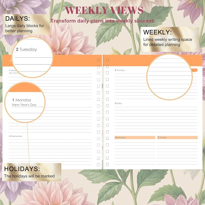 CAGIE 18 Month Planner July 2026 - December 2027, Academic Year Weekly & Monthly Planner with Tabs, 8.3 x 9.3 Floral Hardcover Organizer with 100GSM Thick Paper and Elastic Band for Women School Office