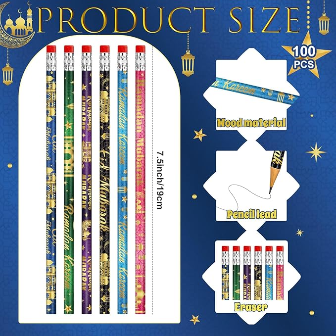 Cinrobiye 100 PCS Ramadan Pencils Eid Mubarak Wood Pencils with Eraser Ramadan Mubarak Party Gifts Stationery Pencil Bulk for Adult School Classroom Office Giveaways Prizes Islamic Party Supplies