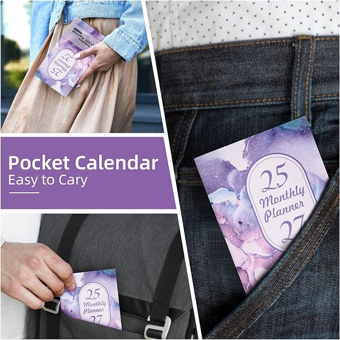 2026-2027 Monthly Pocket Planner/Calendar , 2 Year Small Size Academic Planner With Daily Quotes Hardcover Agenda Book Perfect Organizer for Purse,Planning, Organizing, and Office Use (Starry Sky Purple+Green)